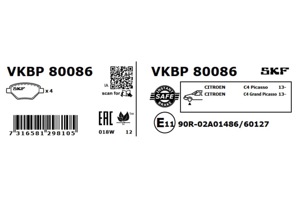 Jogo de 4 pastilhas de travão SKF ref. VKBP 80086
